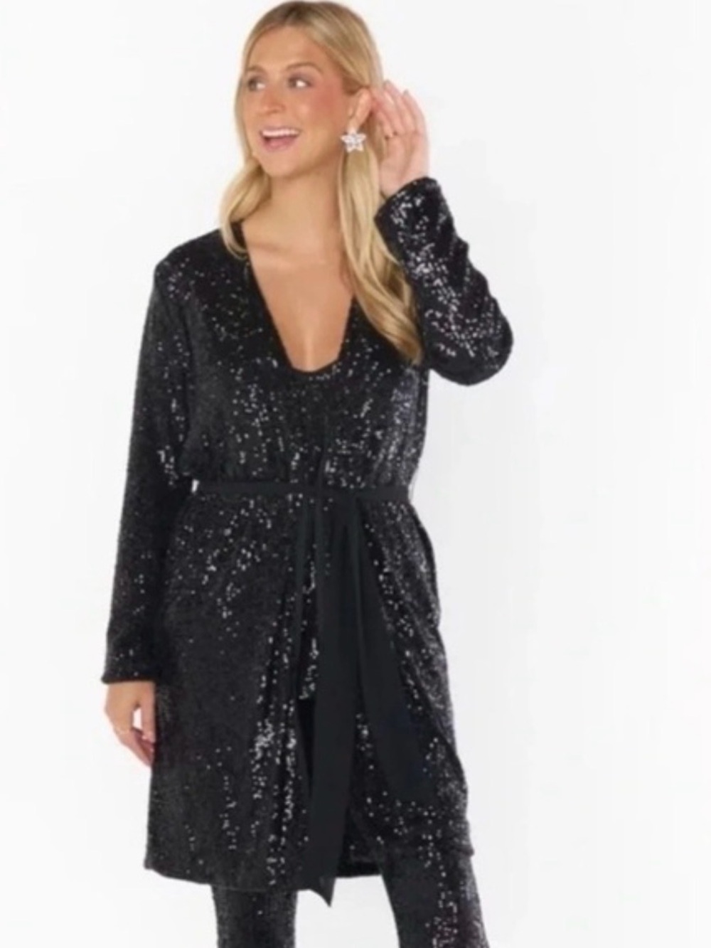NWT Show Me Your MuMu Black Sequin Wrap Robe with Tie and Pants Size Small